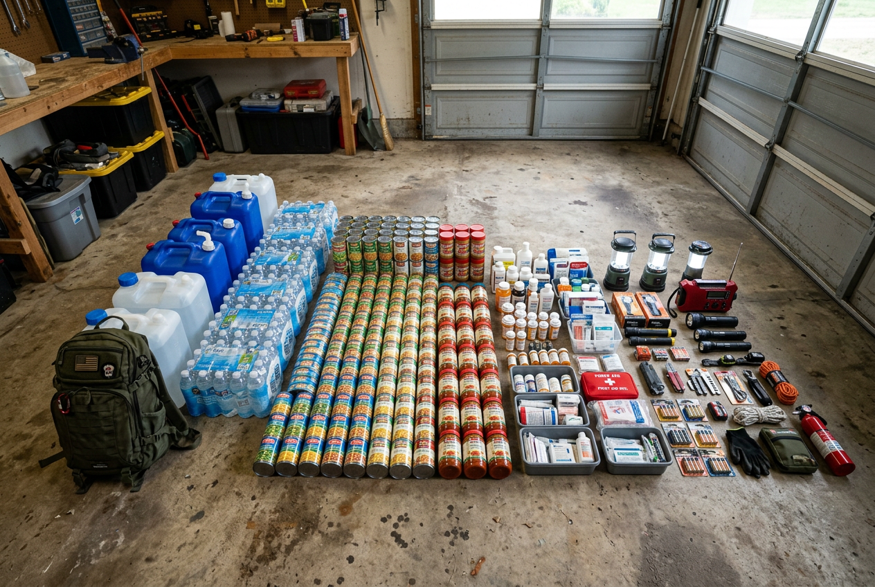 Small backpack next to large spread of emergency supplies