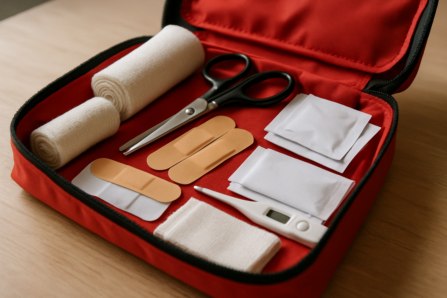 Open first aid kit with bandages and medical supplies
