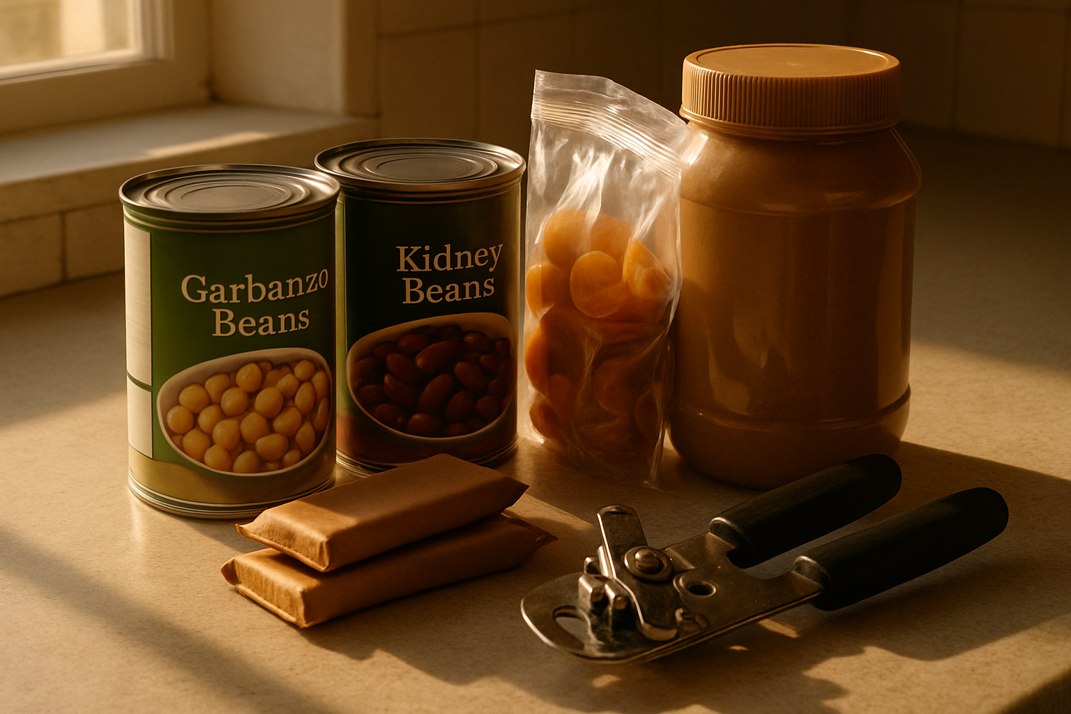 Canned goods, protein bars, and can opener on kitchen counter