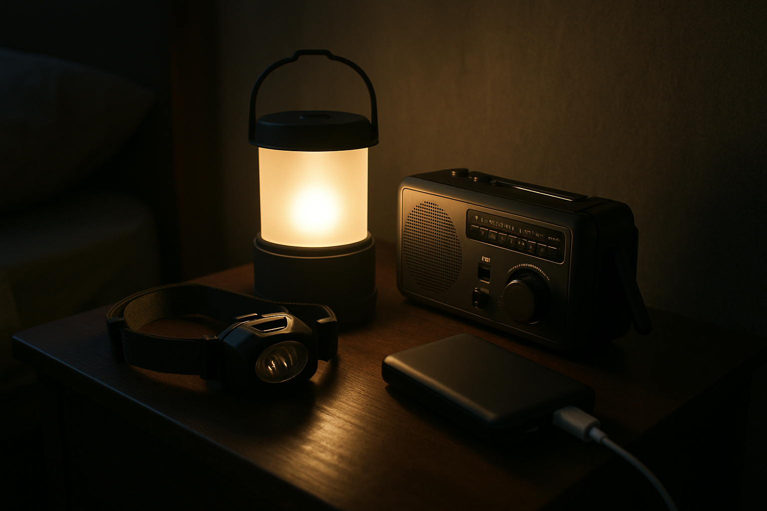 Lantern, hand-crank radio, and power bank in dark room