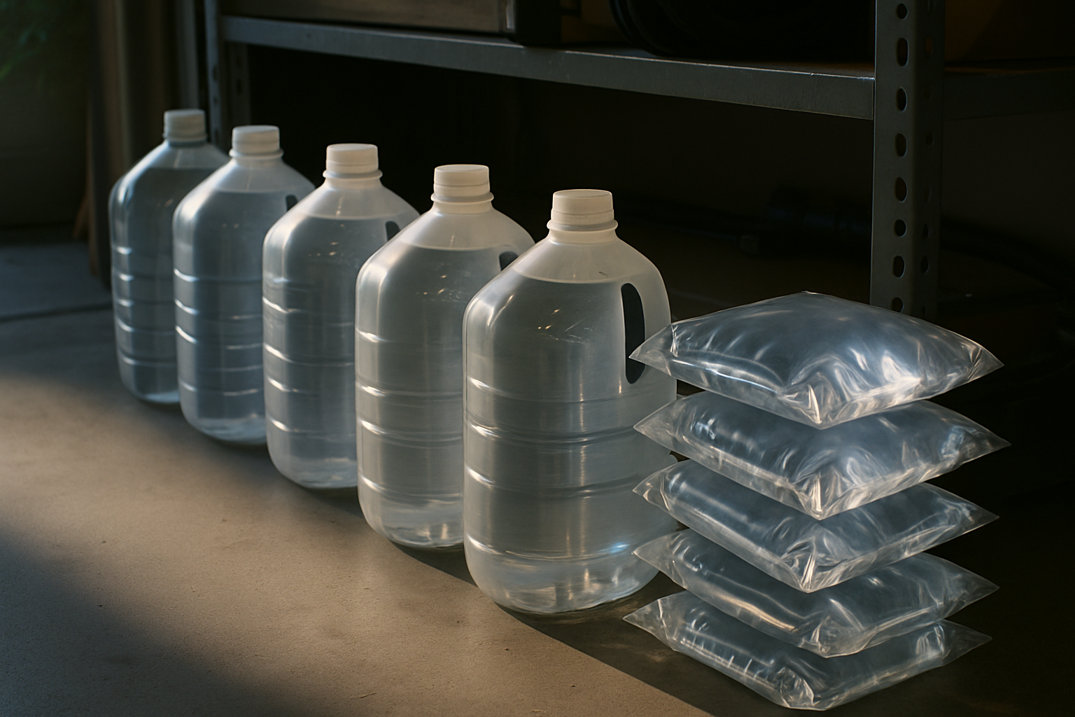 Gallon water jugs and pouches stacked on garage shelf