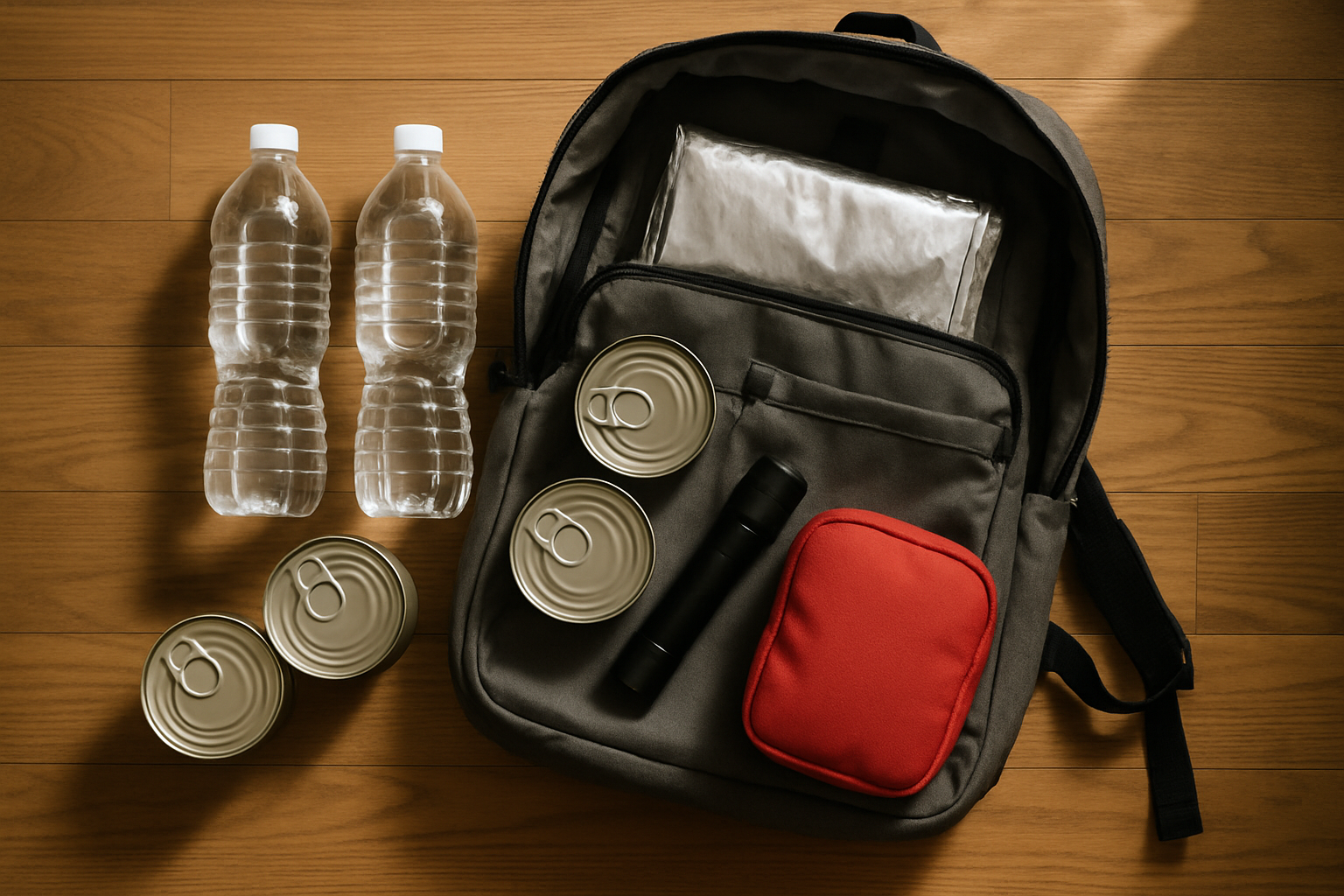 Open backpack revealing organized emergency supplies on wooden floor