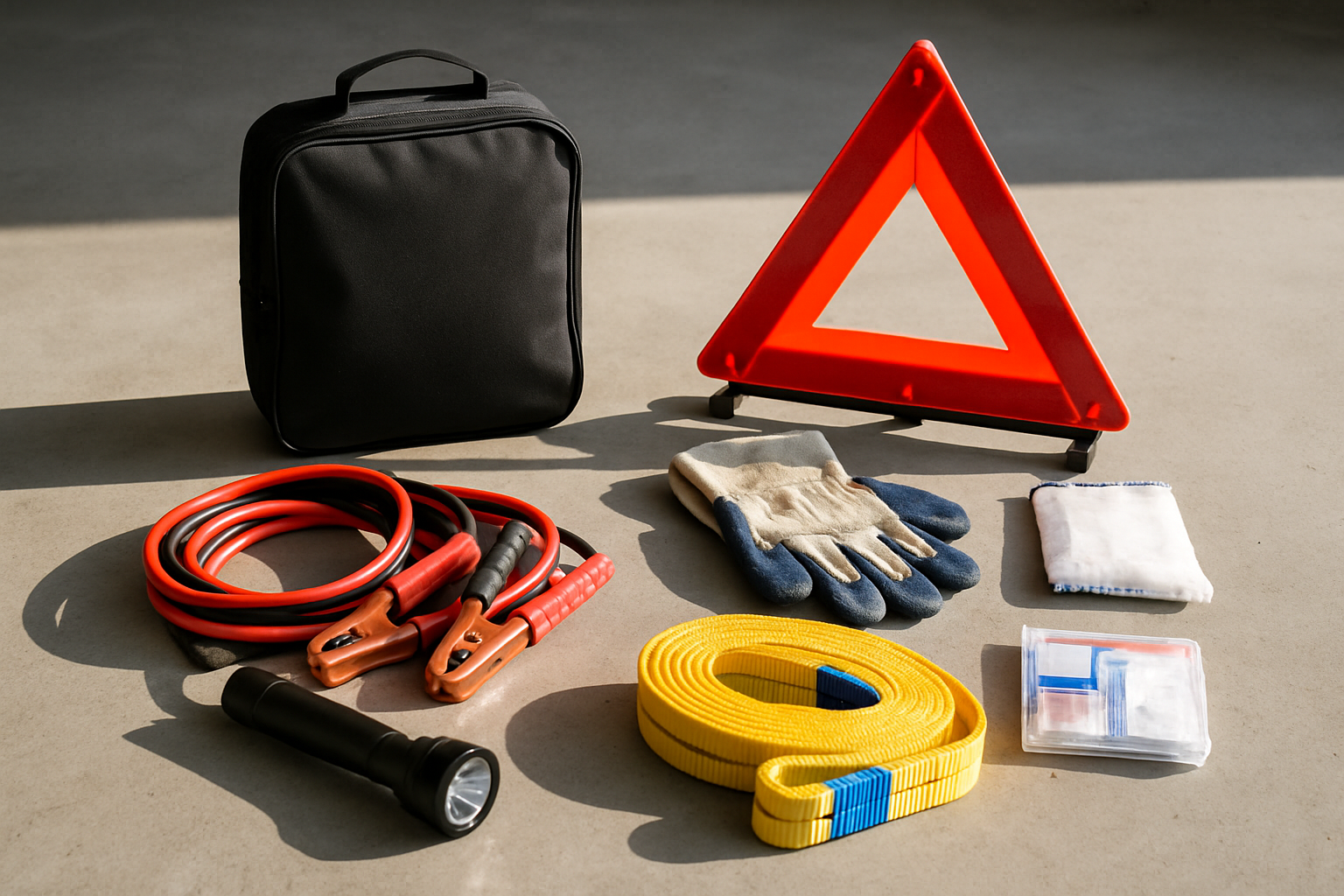 Fully unpacked roadside emergency kit arranged on garage floor