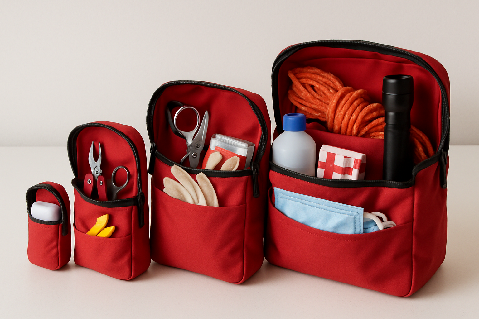 Row of different emergency kit bags in a flat-lay