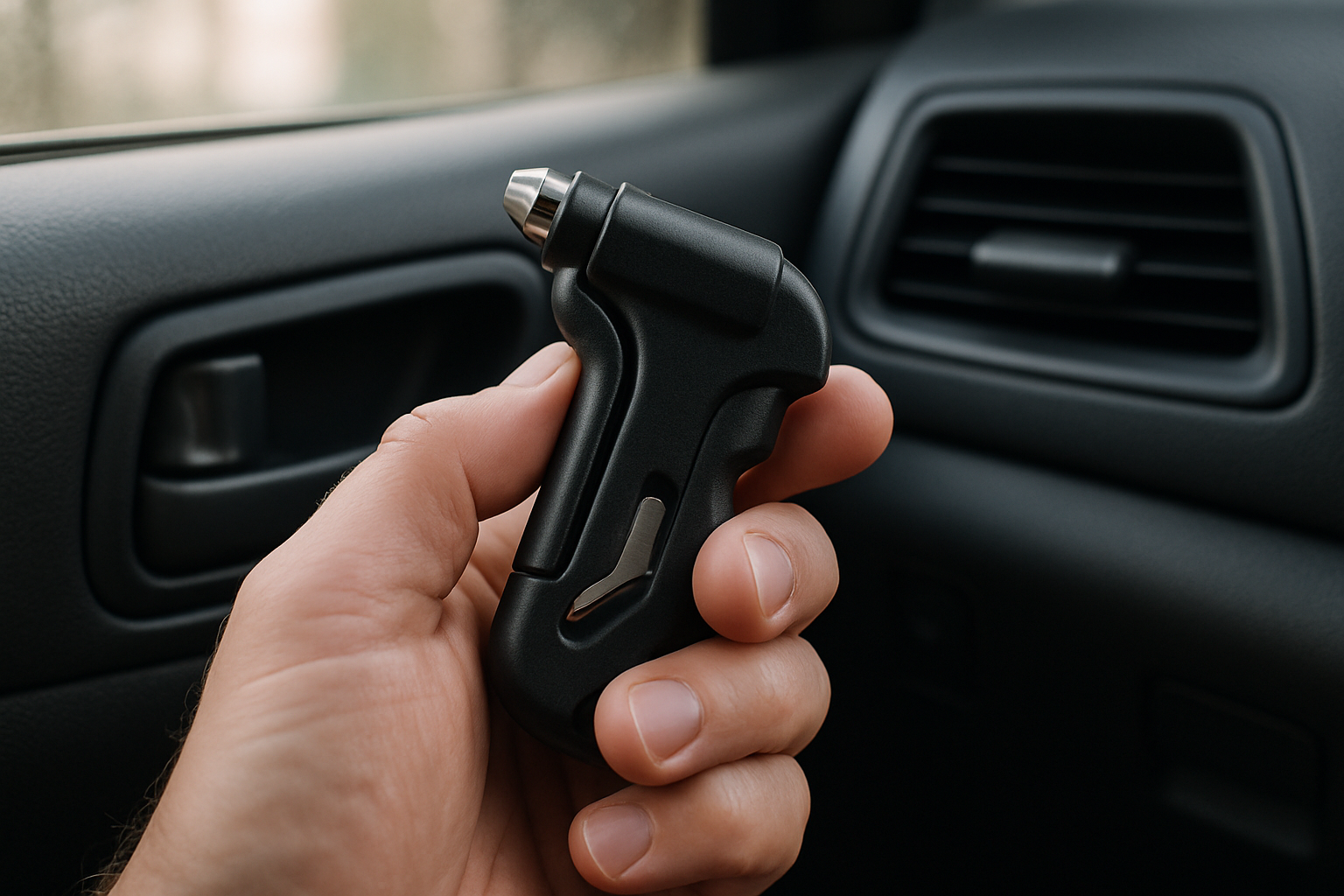 Hand holding window breaker and seatbelt cutter inside car