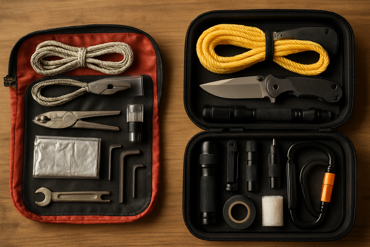 Two contrasting car emergency kits open on wooden table