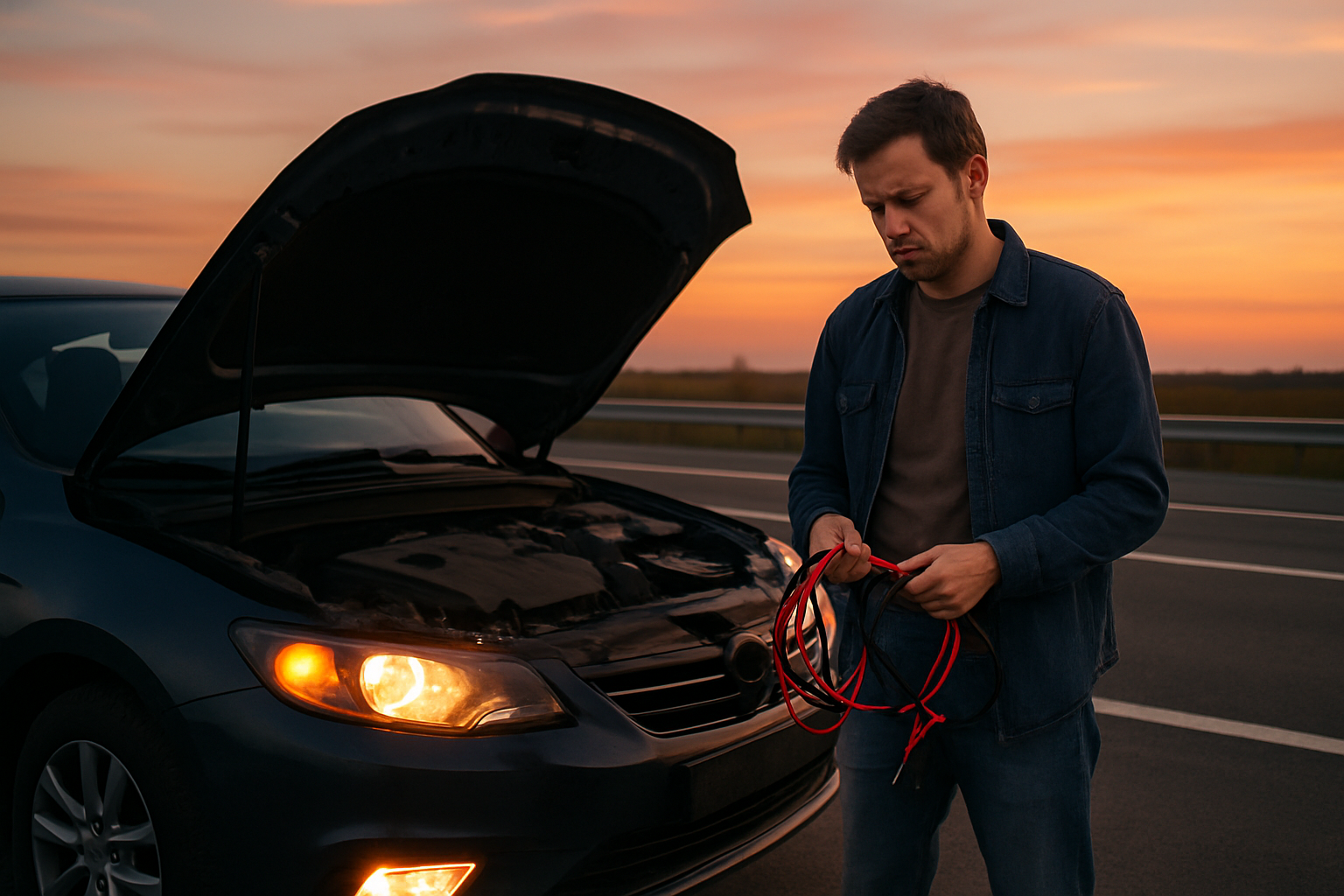 Stranded car with raised hood on highway shoulder at dusk
