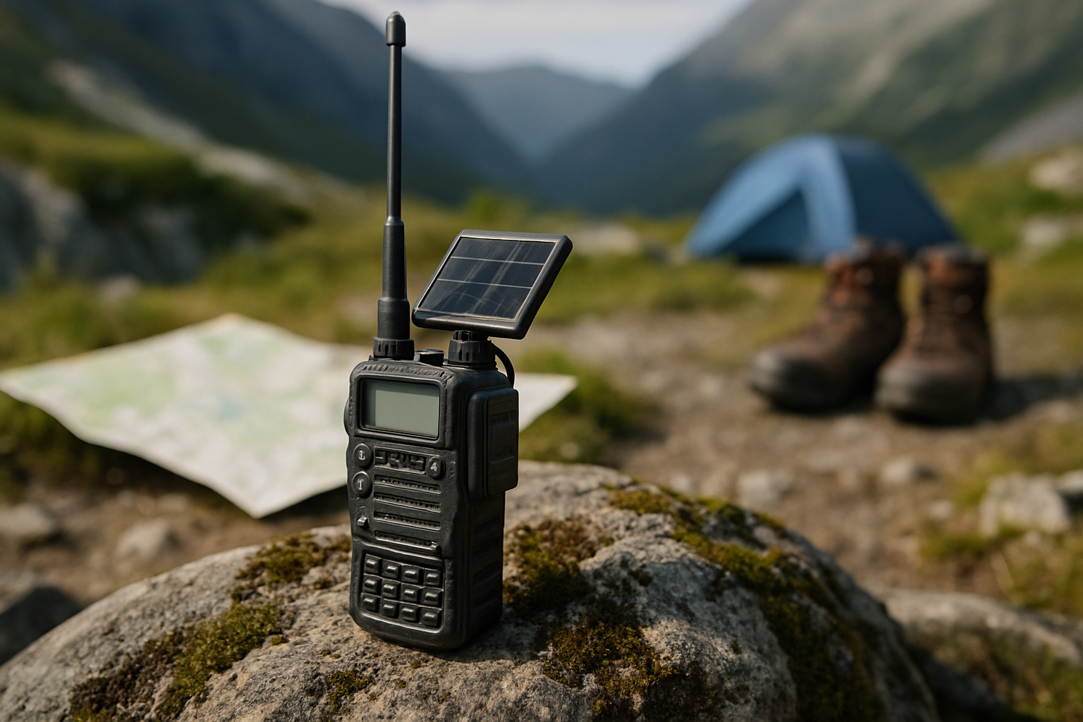 Rugged solar radio with antenna on rock at campsite