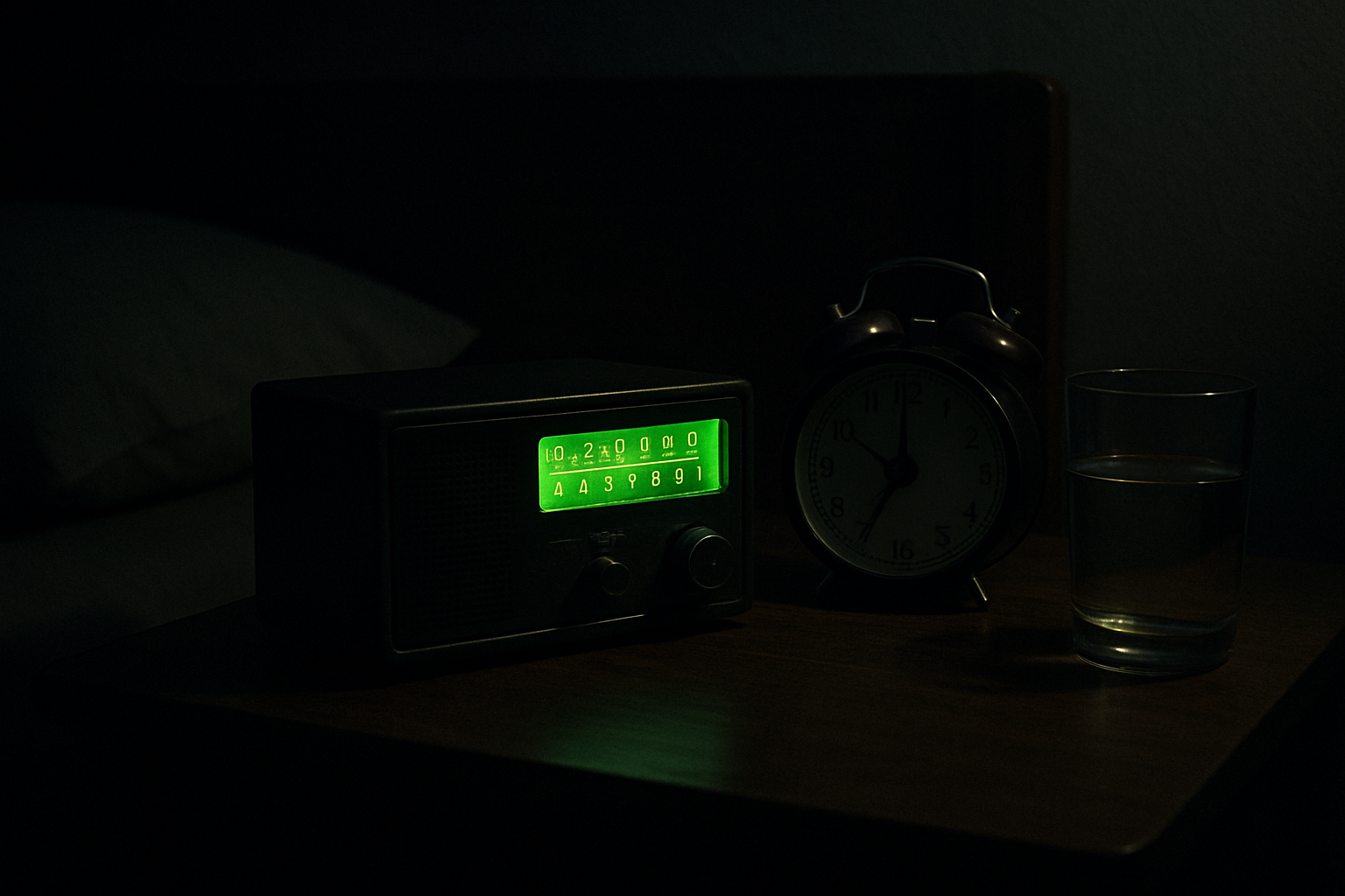 Boxy radio glowing on dark bedroom nightstand at night