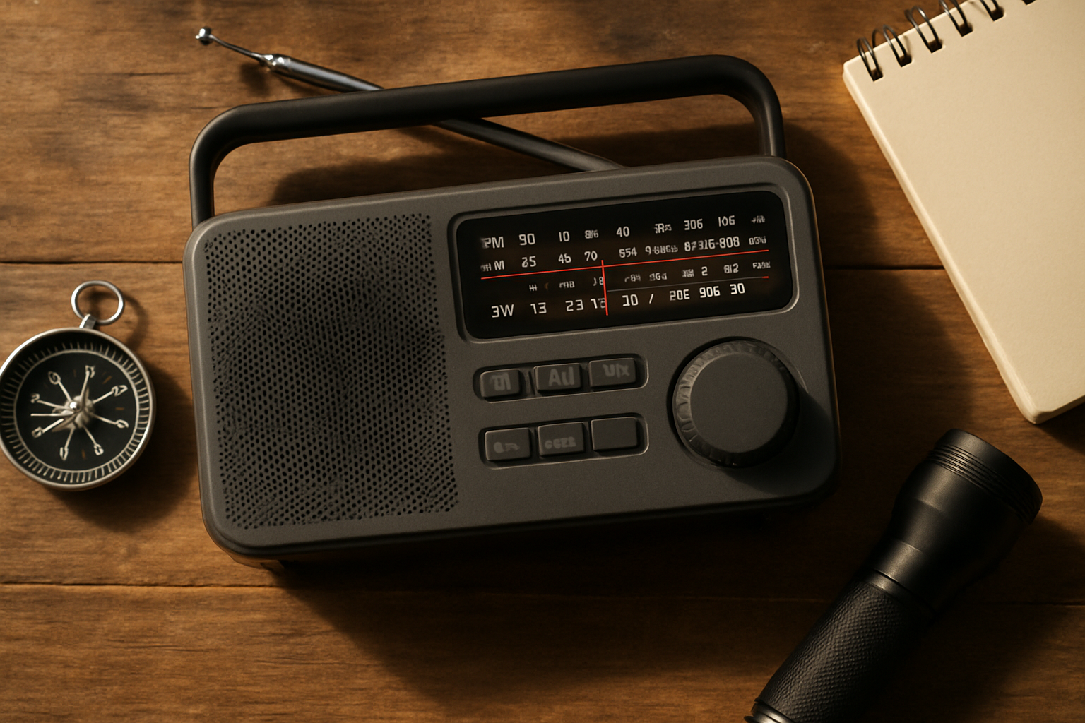 Overhead close-up of portable radio with compass and flashlight