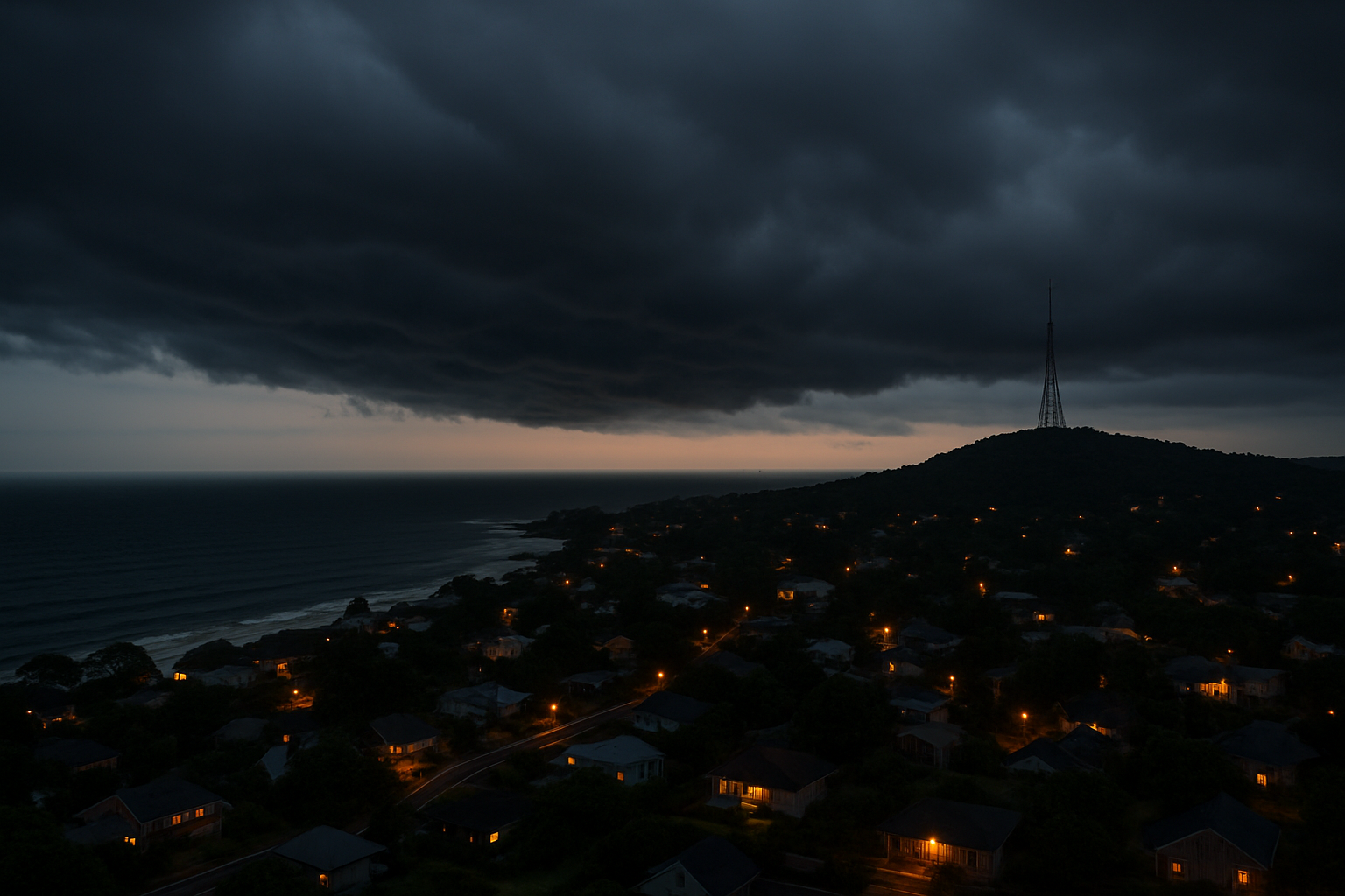 Coastal town at dusk with storm clouds and transmitter tower