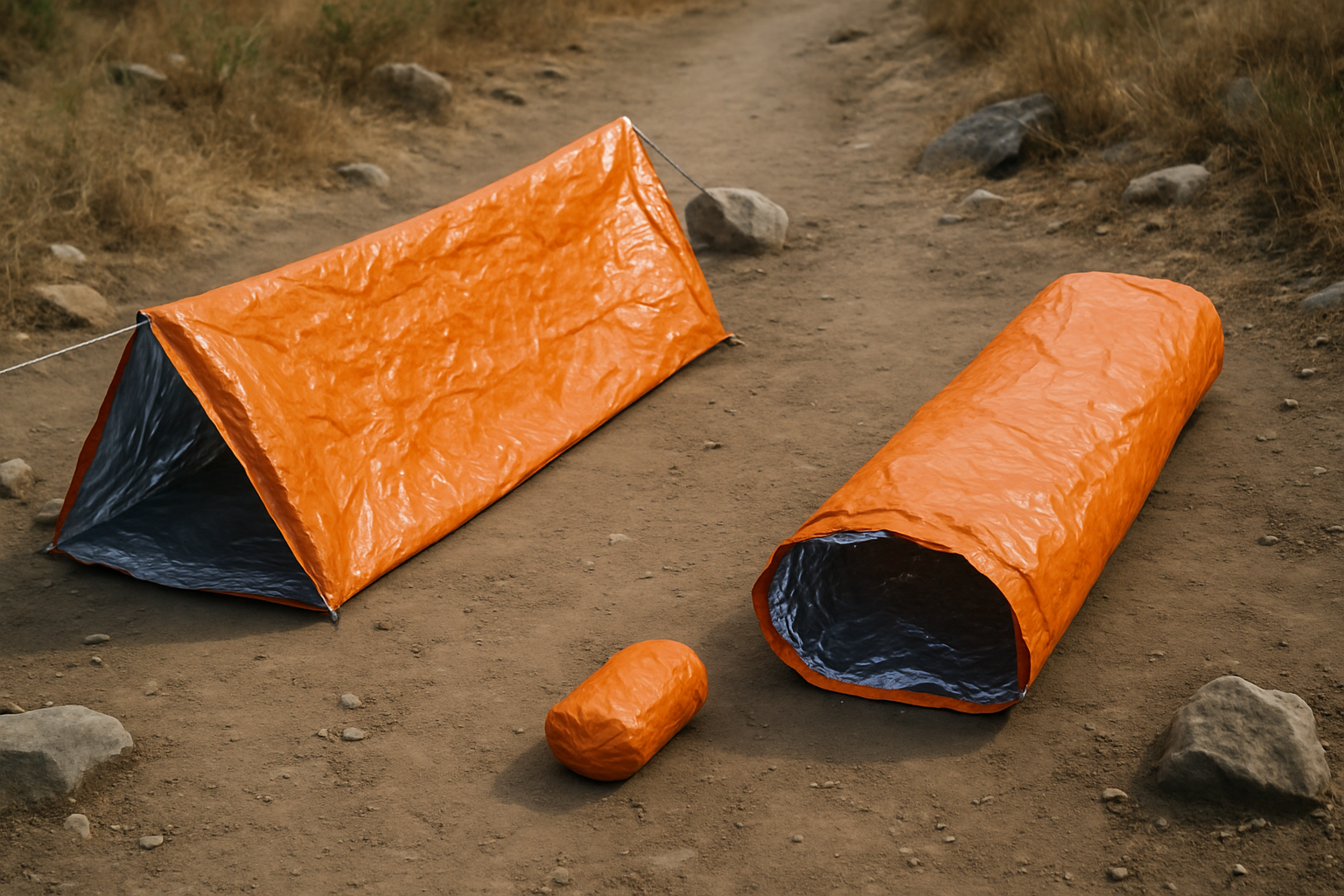 Two budget mylar tube tents displayed on dirt trail