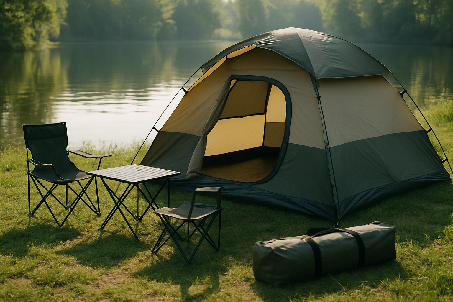 Small tent with folding table and chairs by lake
