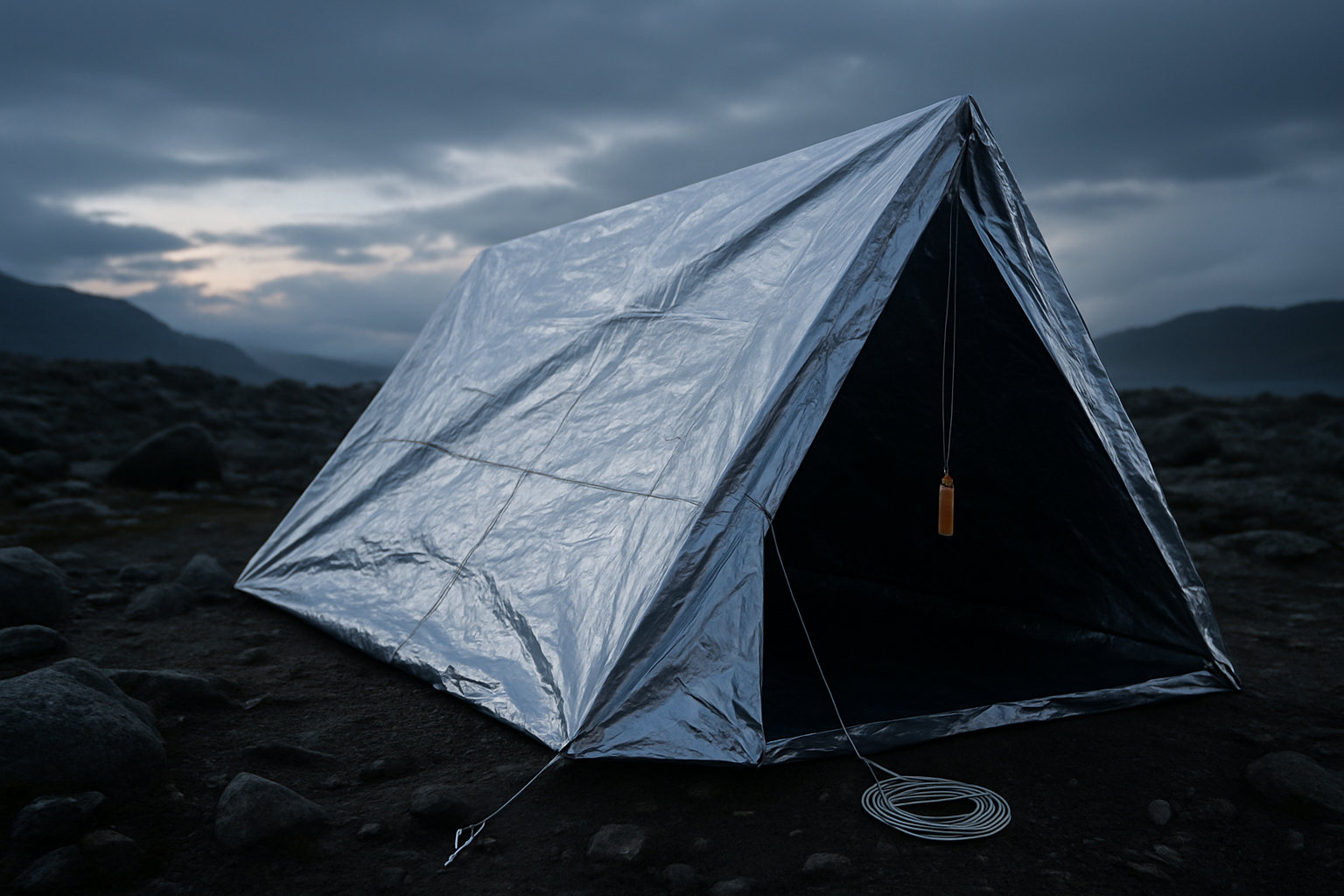 Reflective silver mylar emergency tent with open door outdoors