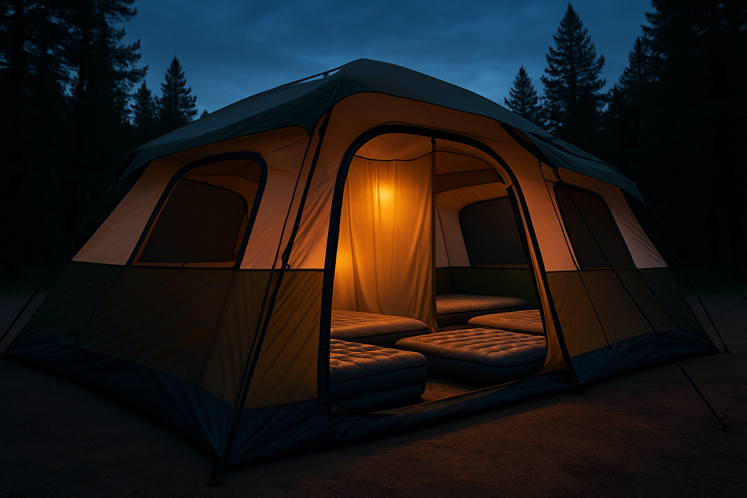 Glowing multi-room cabin tent at dusk with divided interior