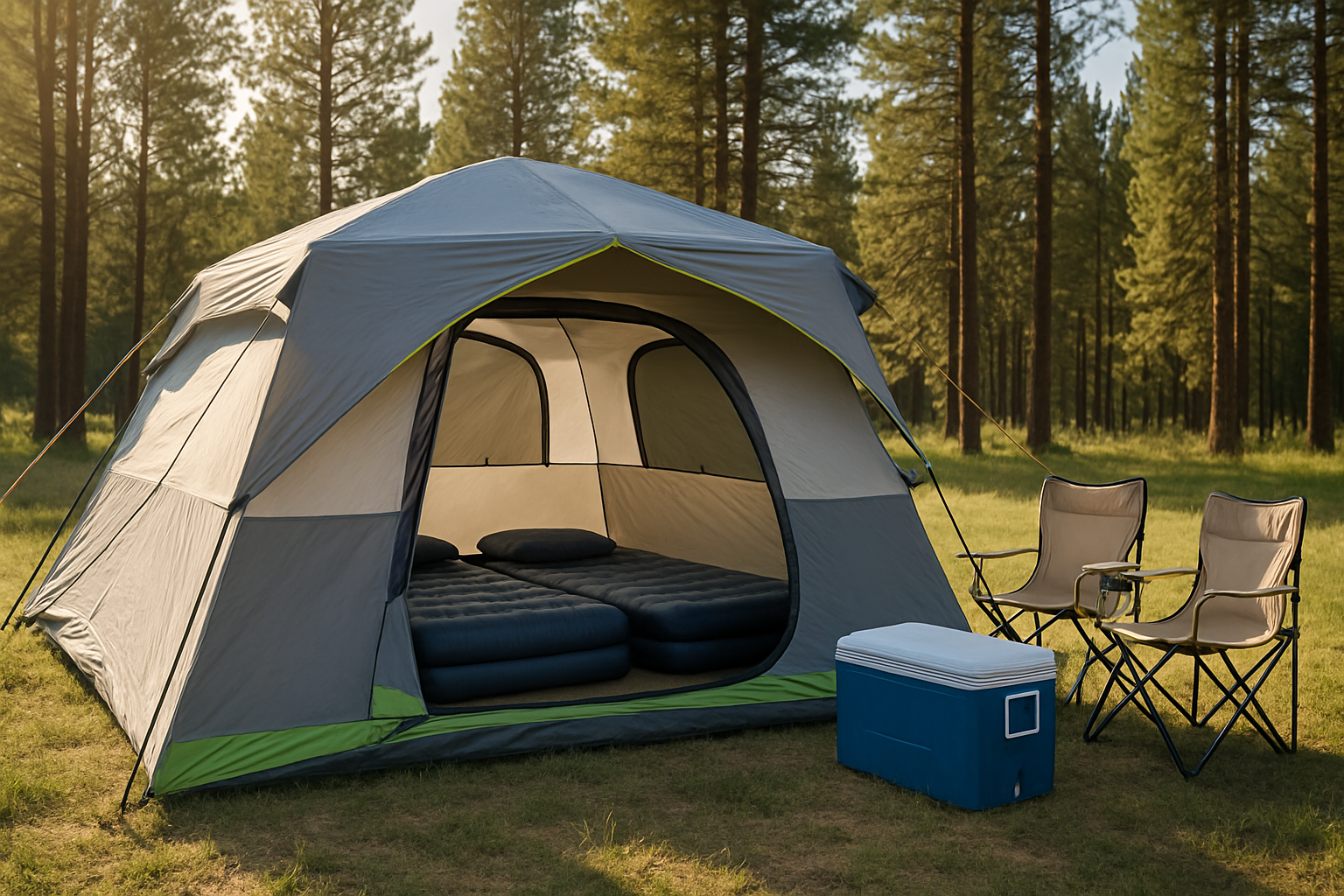 Large family cabin tent pitched at grassy sunlit campsite