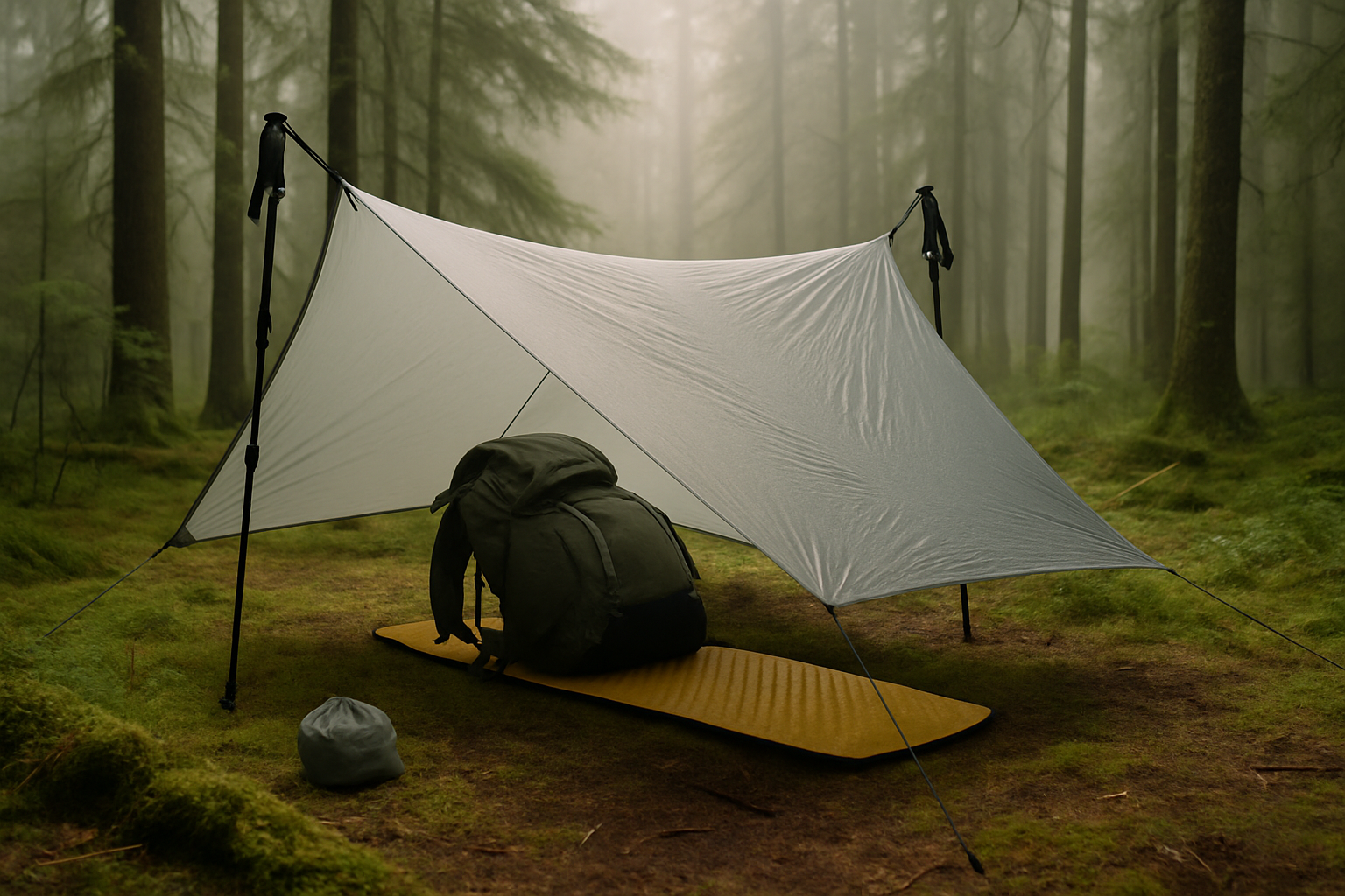 Ultralight tarp shelter pitched with trekking poles in forest