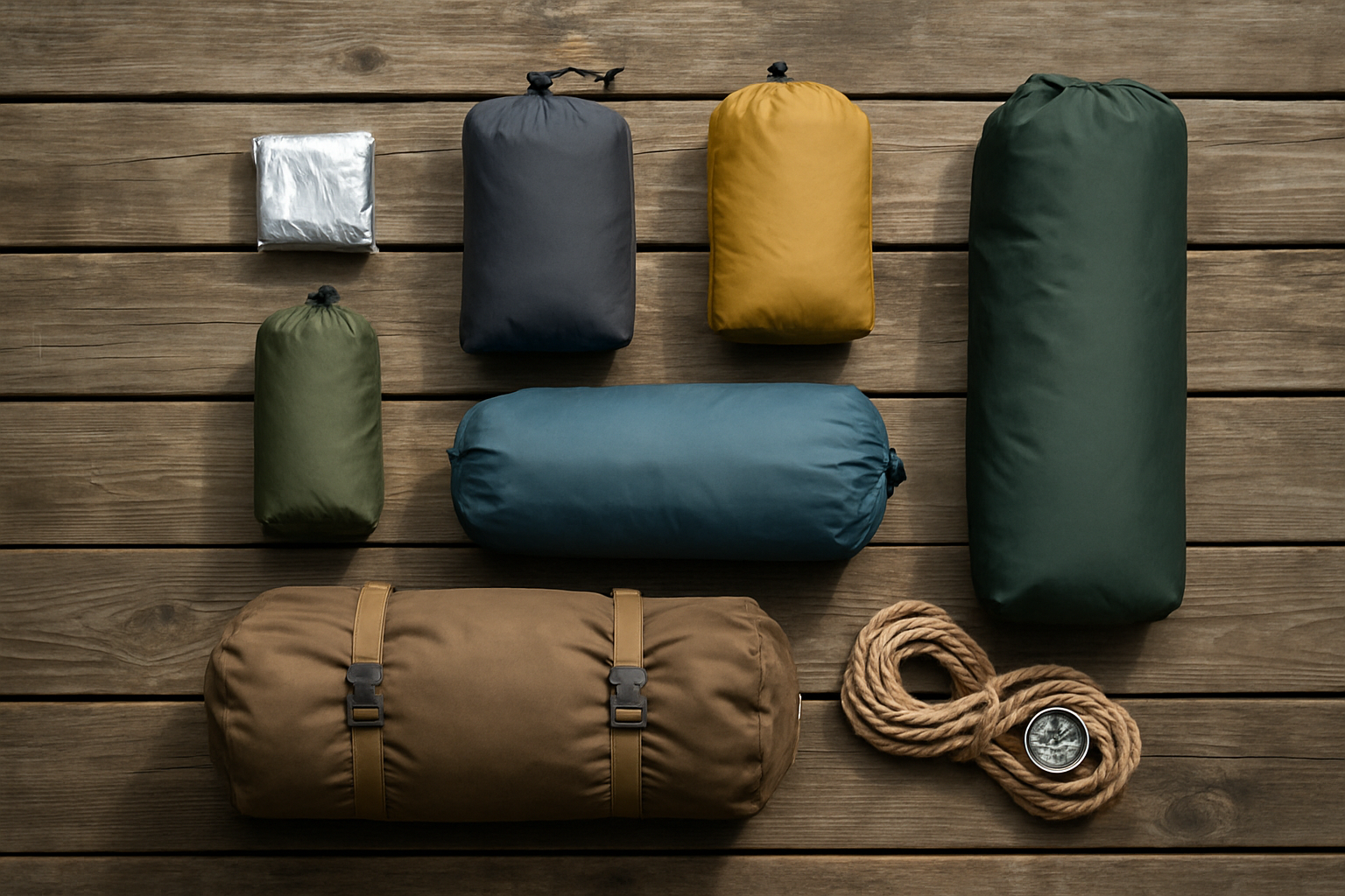 Overhead grid of seven folded camping tents and bags