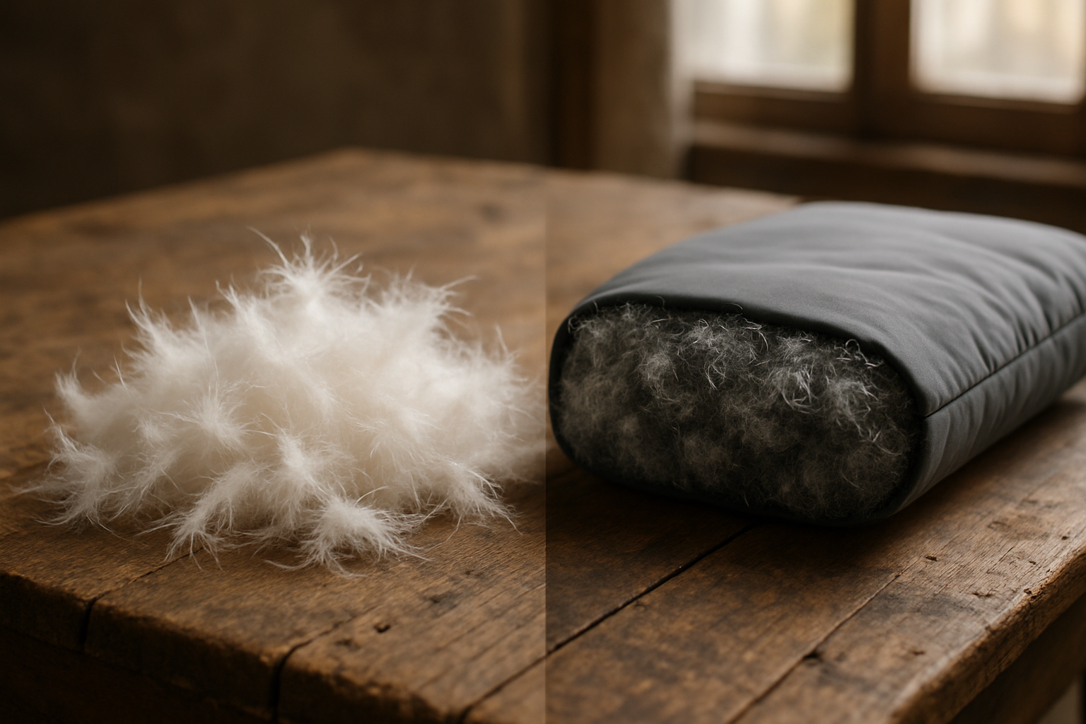 Down feathers beside synthetic insulation fibers on table