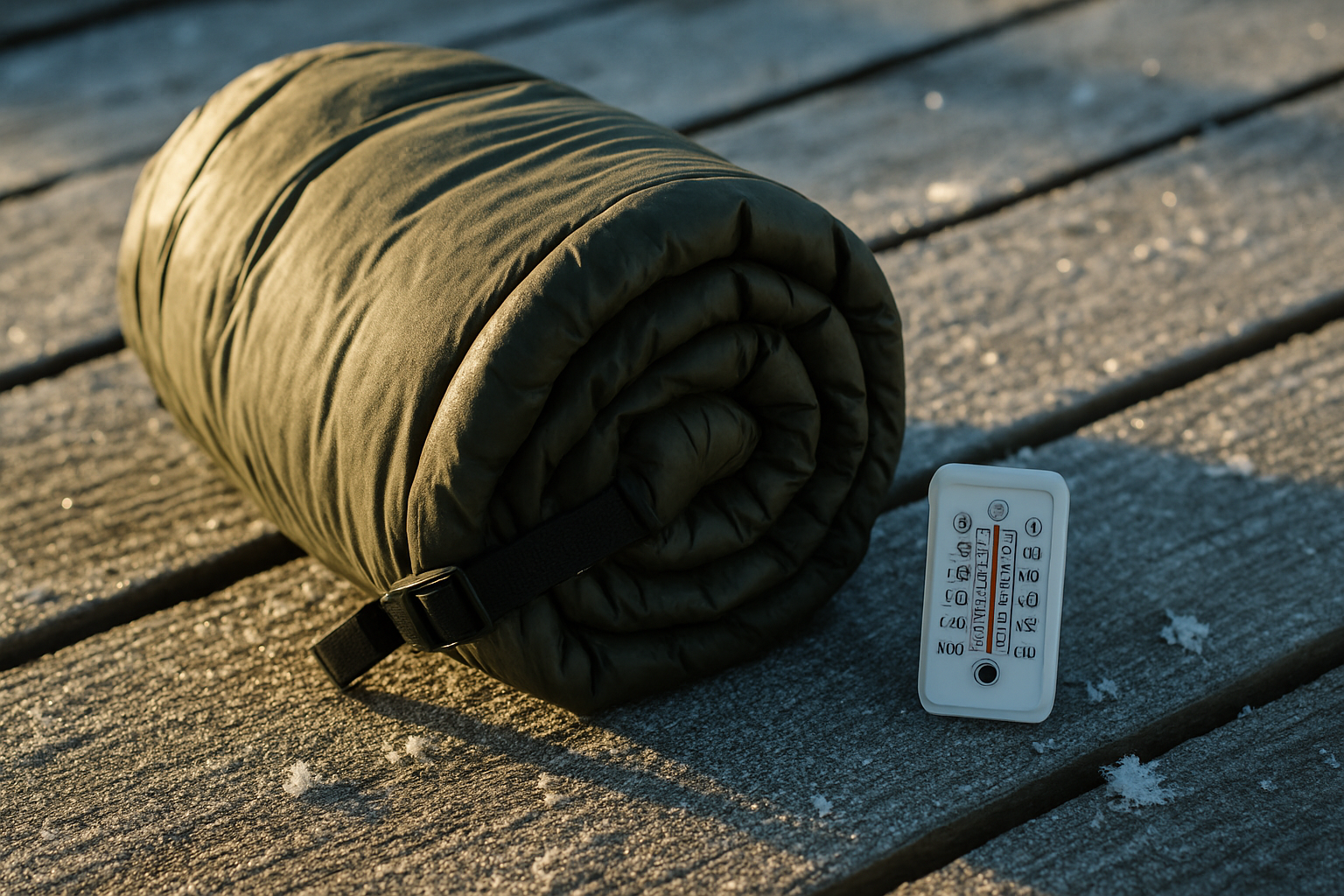 Sleeping bag next to thermometer on frosty wooden planks