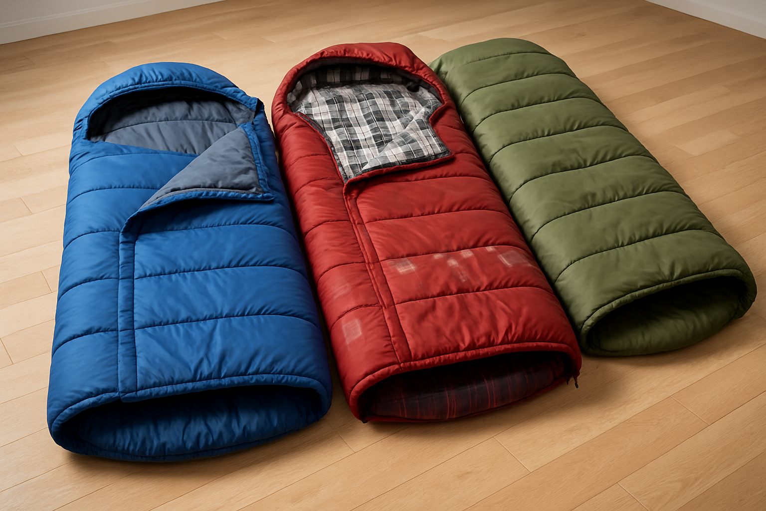 Three colorful sleeping bags arranged in row on floor