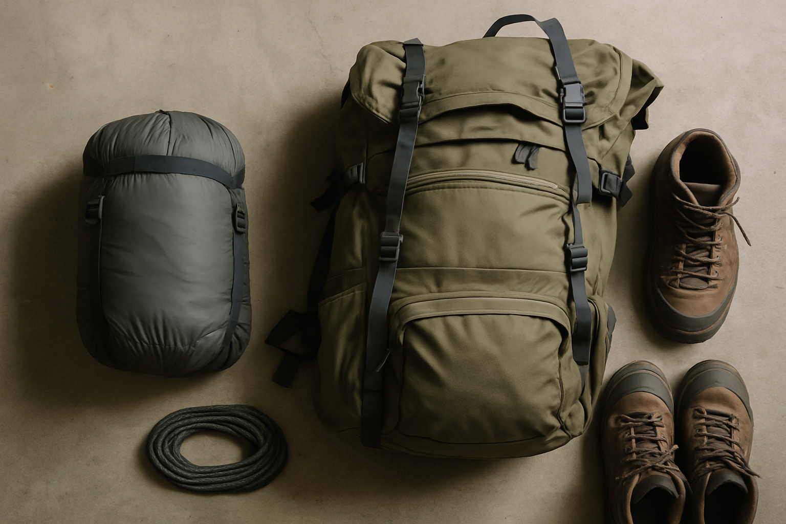 Compressed sleeping bag in stuff sack beside backpack gear