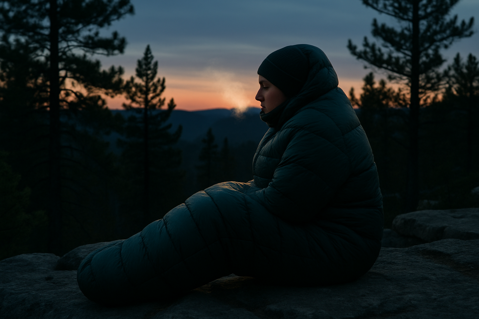 Person bundled in sleeping bag outdoors at cold dusk