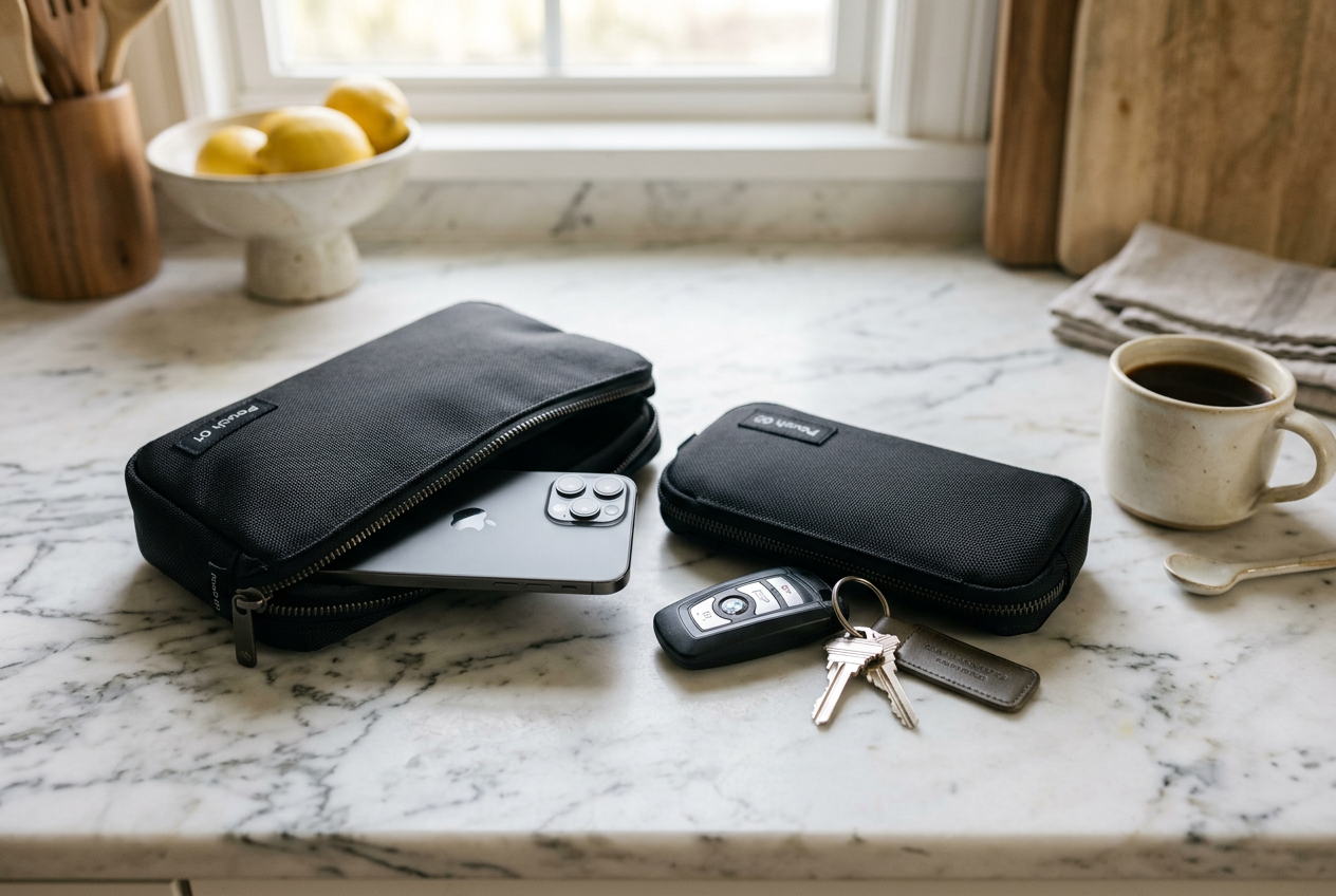 Two black phone pouches on marble counter with keys
