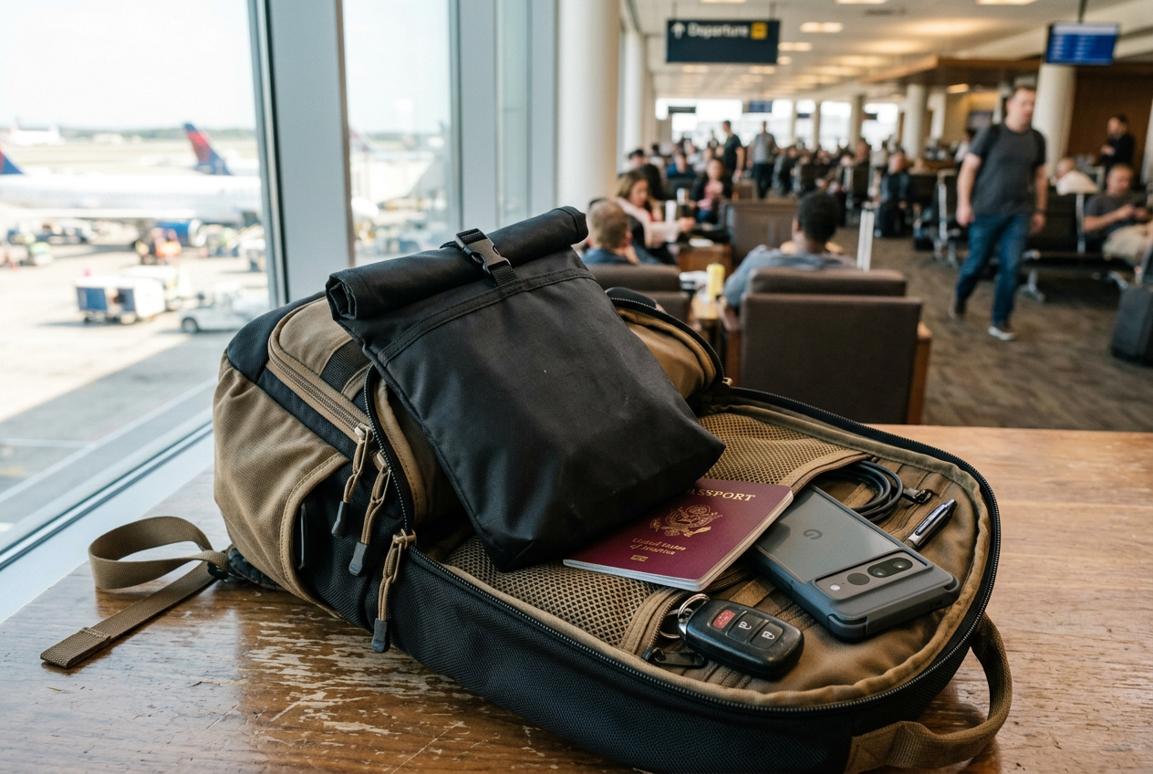 Foldable black pouch on backpack with passport and phone