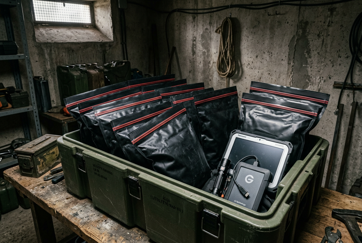 Twelve thick black bags in olive crate with electronics