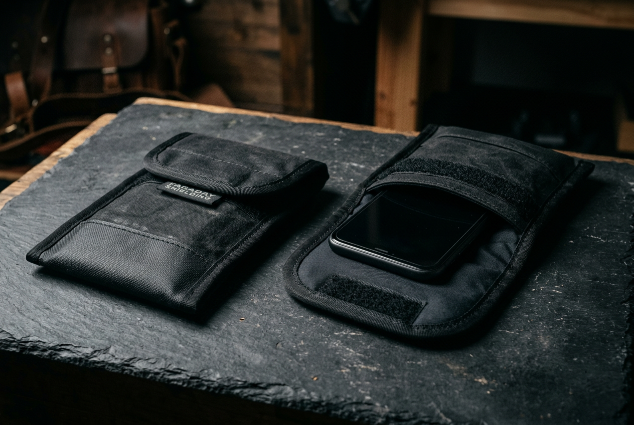 Two compact black pouches on slate with darkened phone
