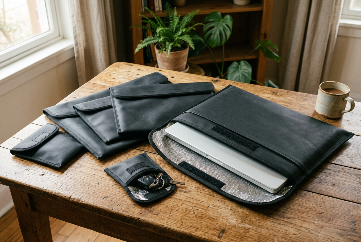 Five graduated black shielding bags with laptop and keys