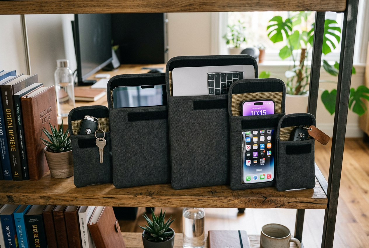 Five upright shielding pouches holding various electronic devices
