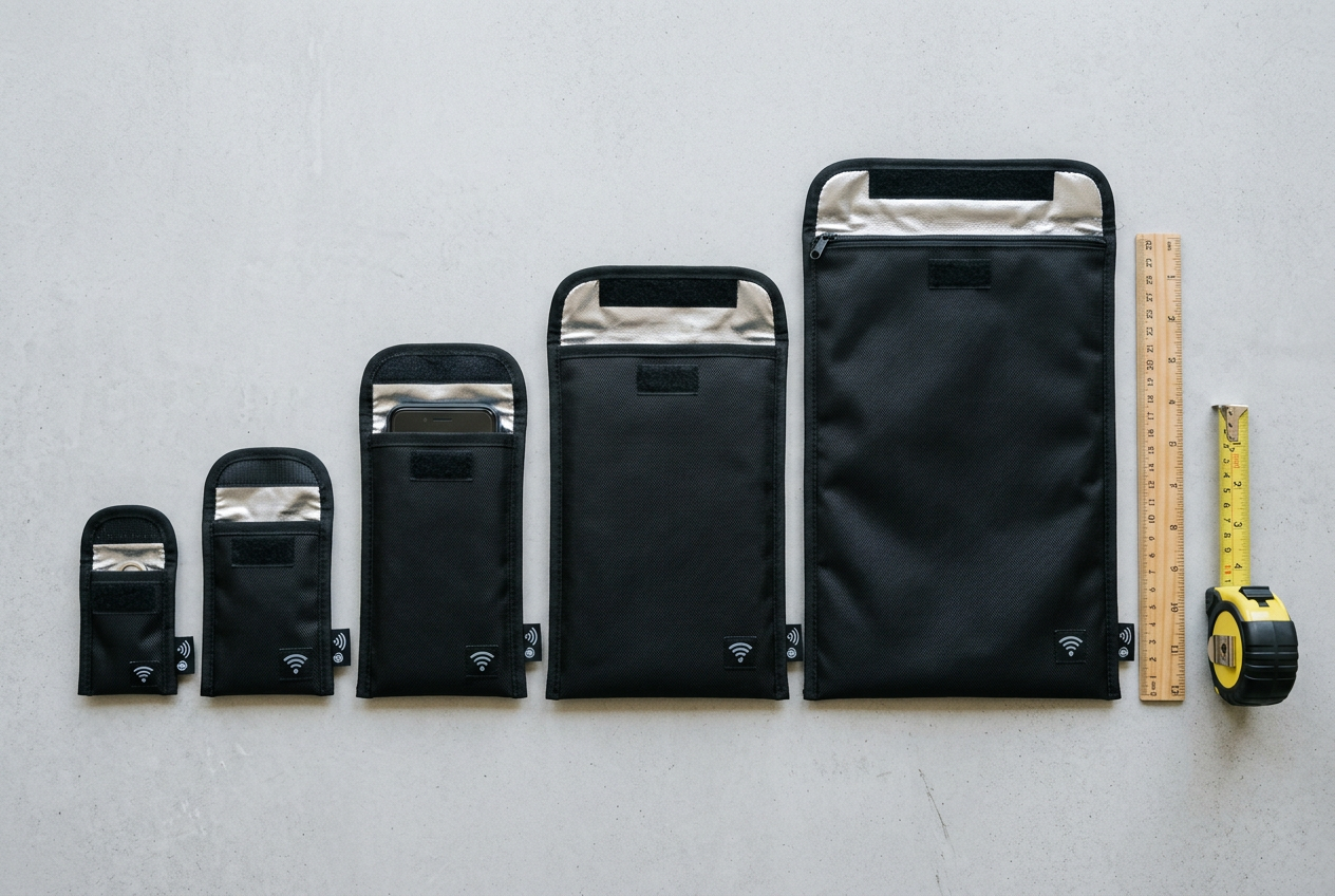 Five black faraday pouches arranged by size on gray desk