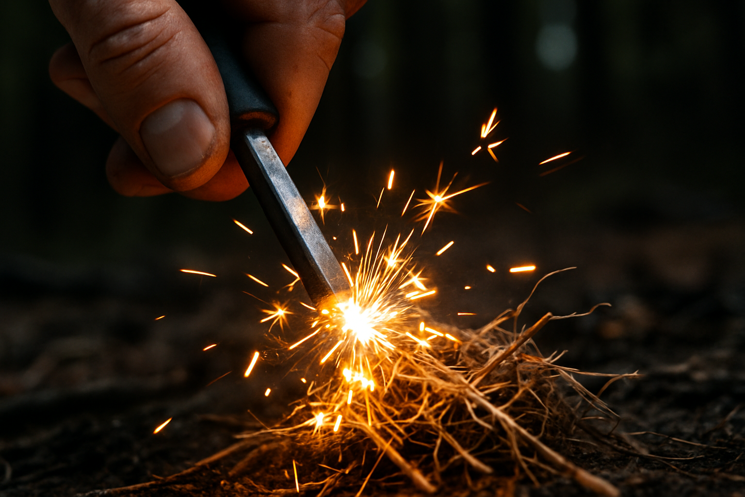 Ferro rod throwing sparks onto tinder in forest