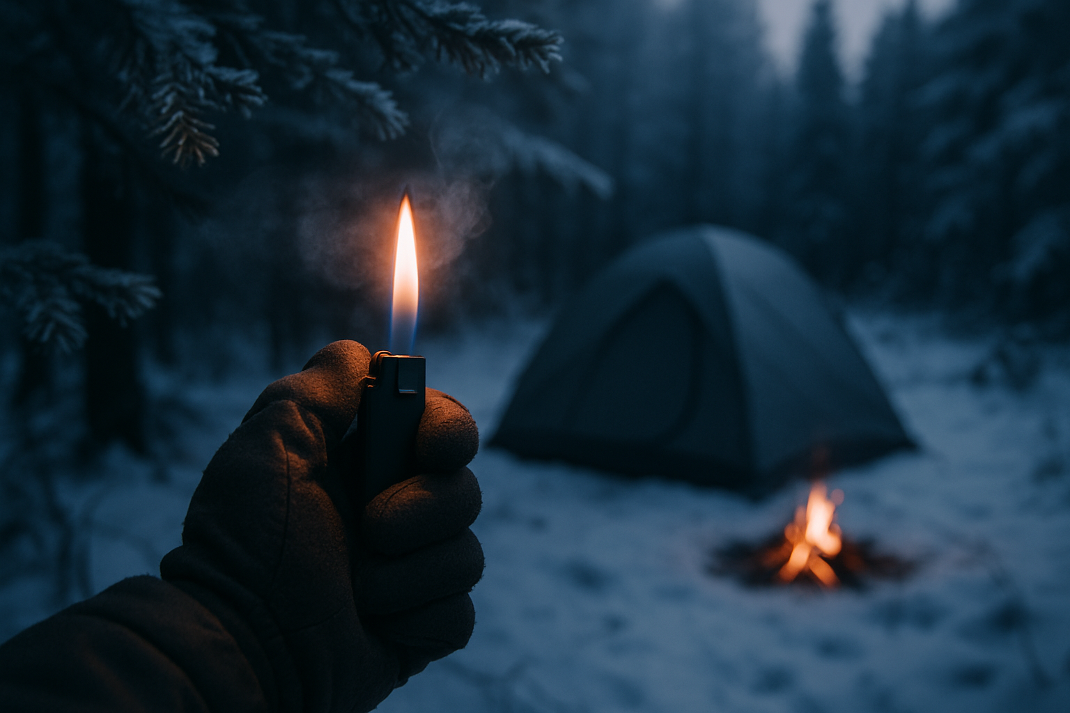Gloved hand holding lit lighter in snowy campsite