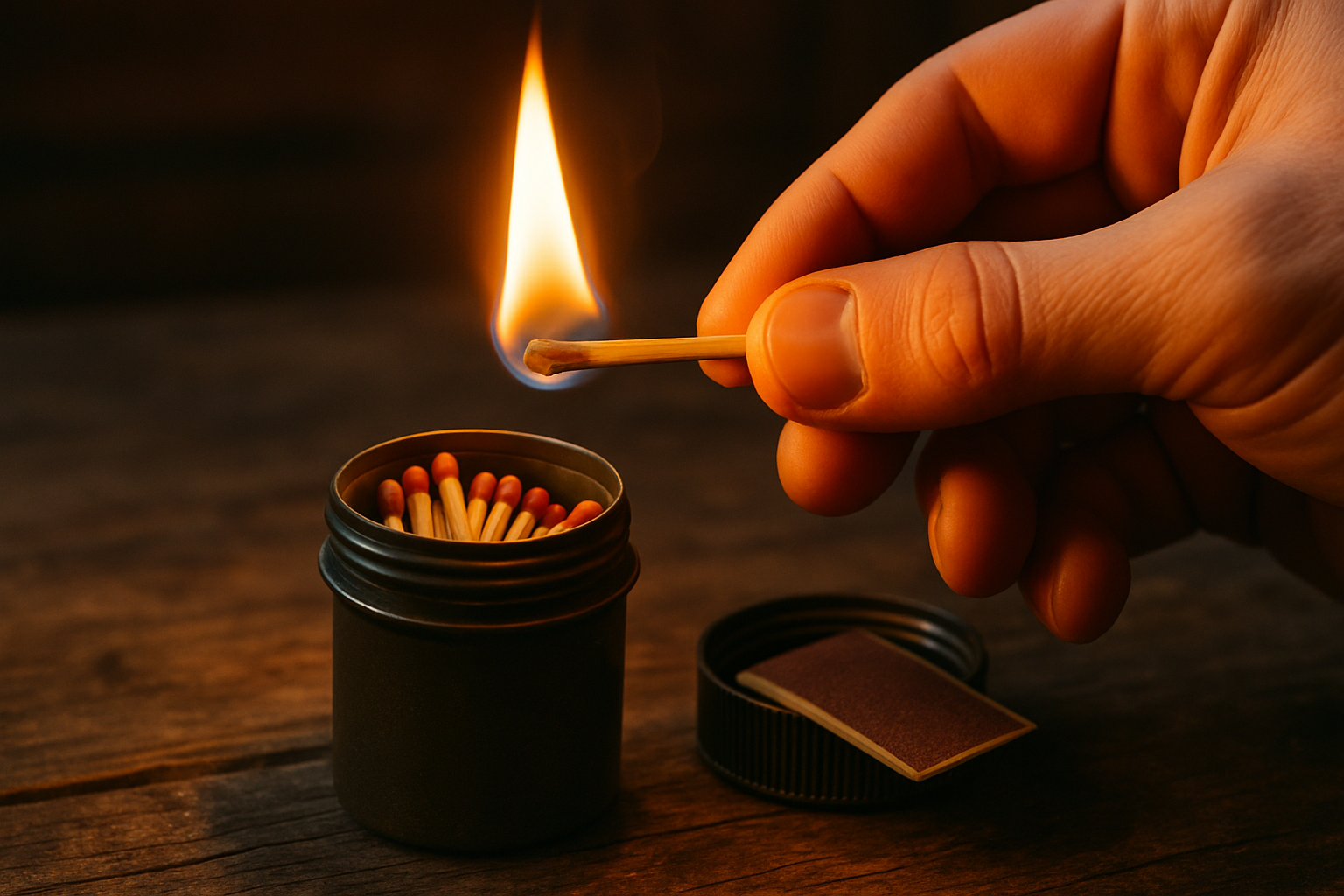 Lit wooden match above waterproof container of matches