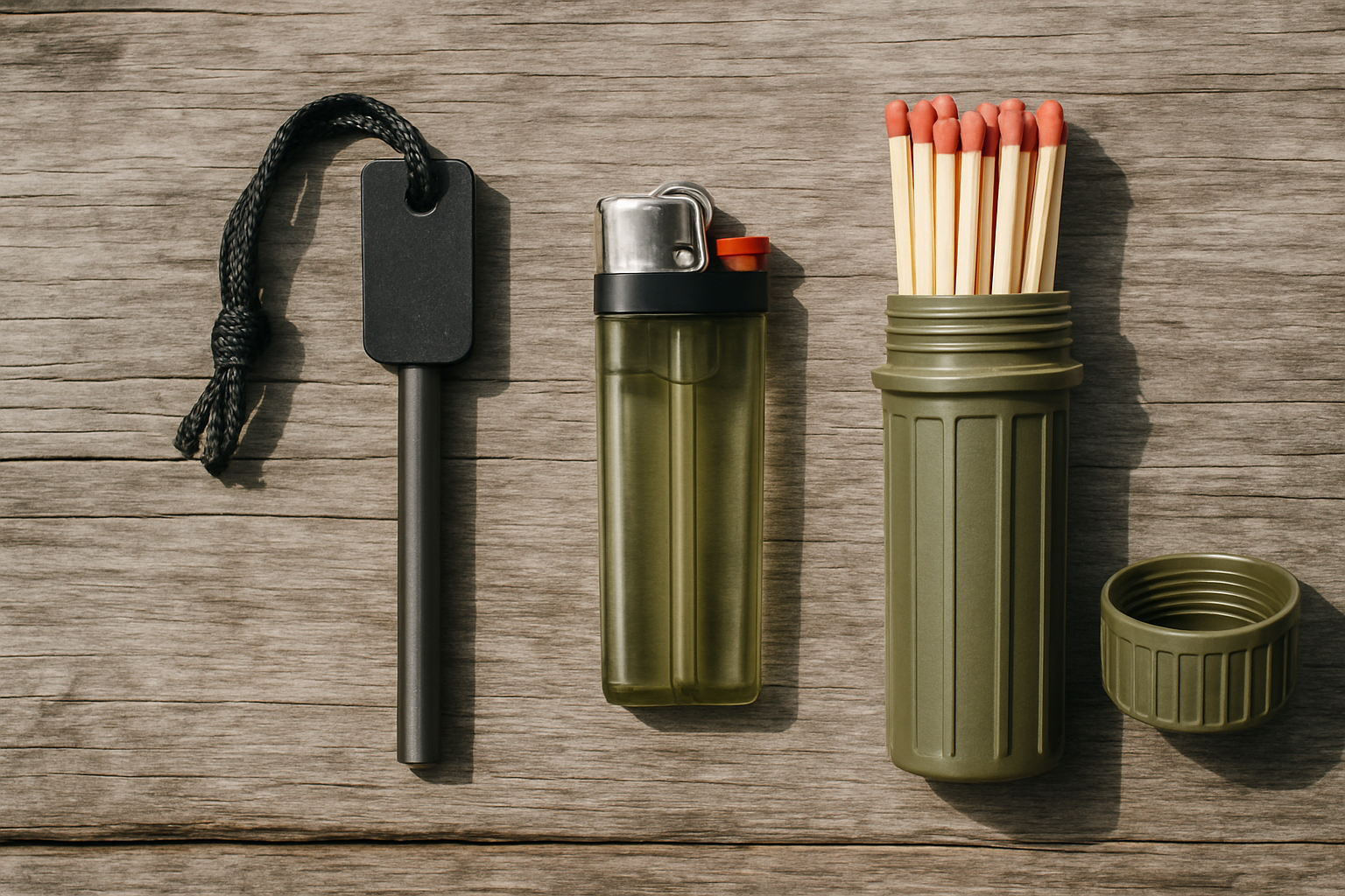 Three different fire-starting tools arranged on wooden surface