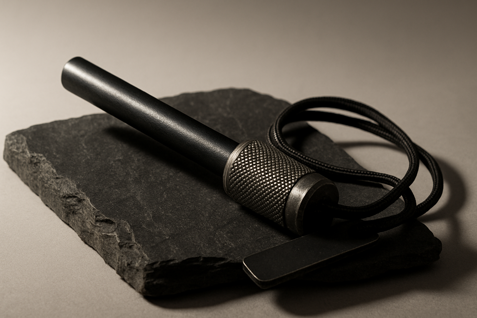 Ferro rod with handle resting on slate stone