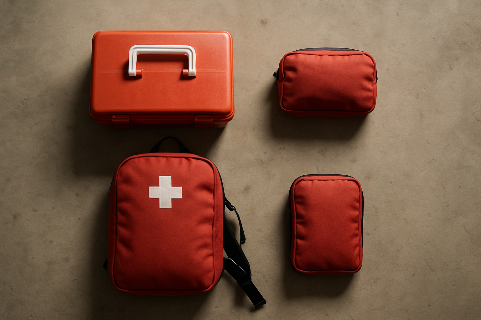 Four different first aid kits arranged for various scenarios