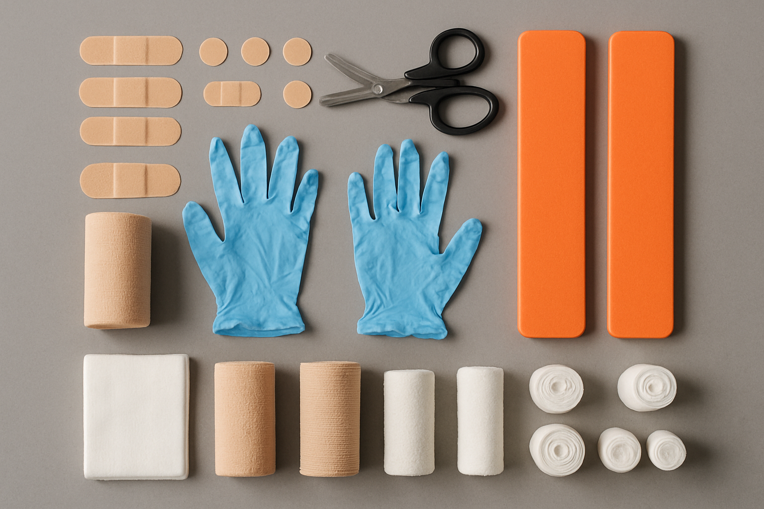 Top-down organized rows of sorted medical supplies