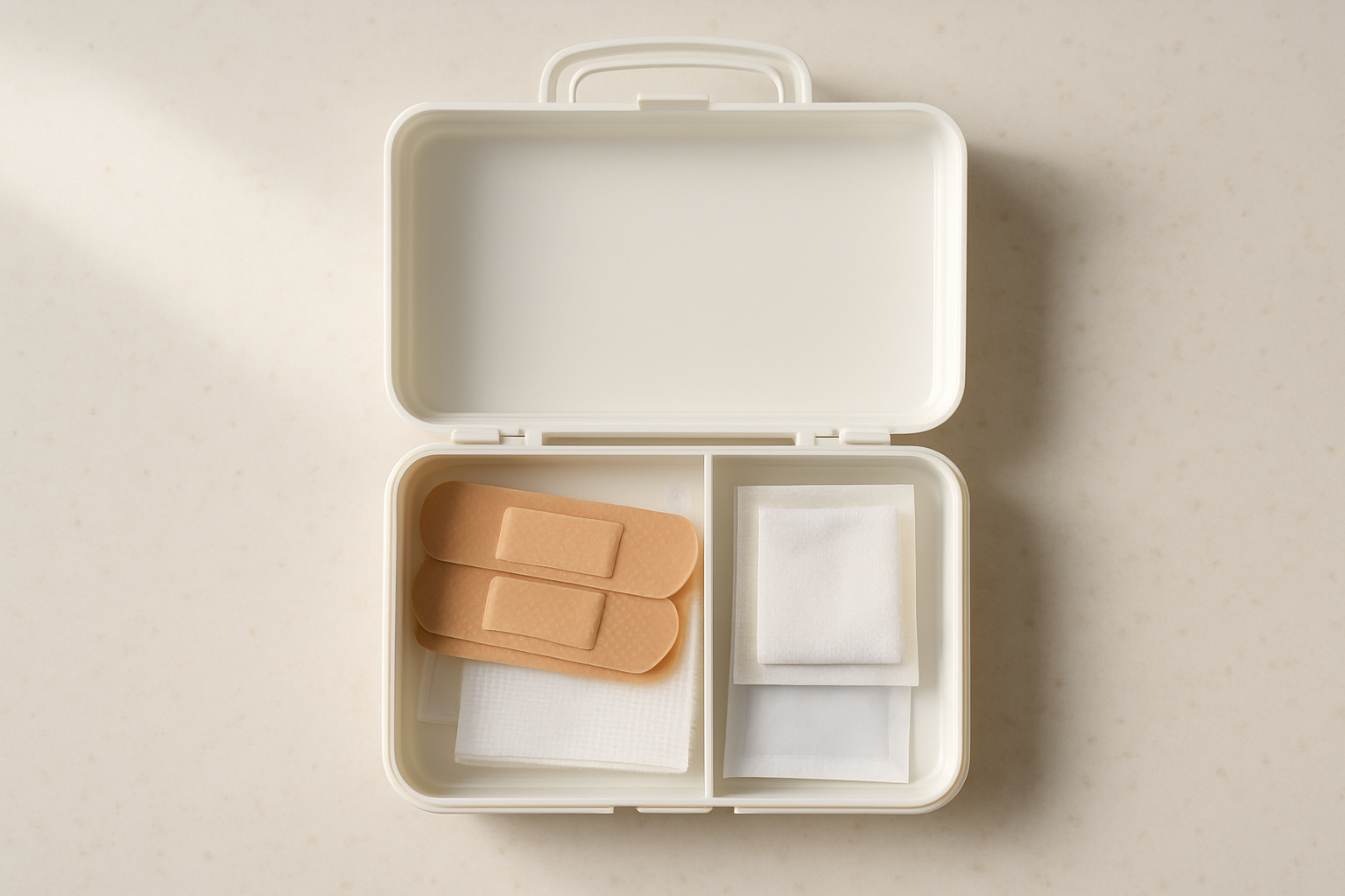 Overhead view of sparse drugstore first aid kit contents