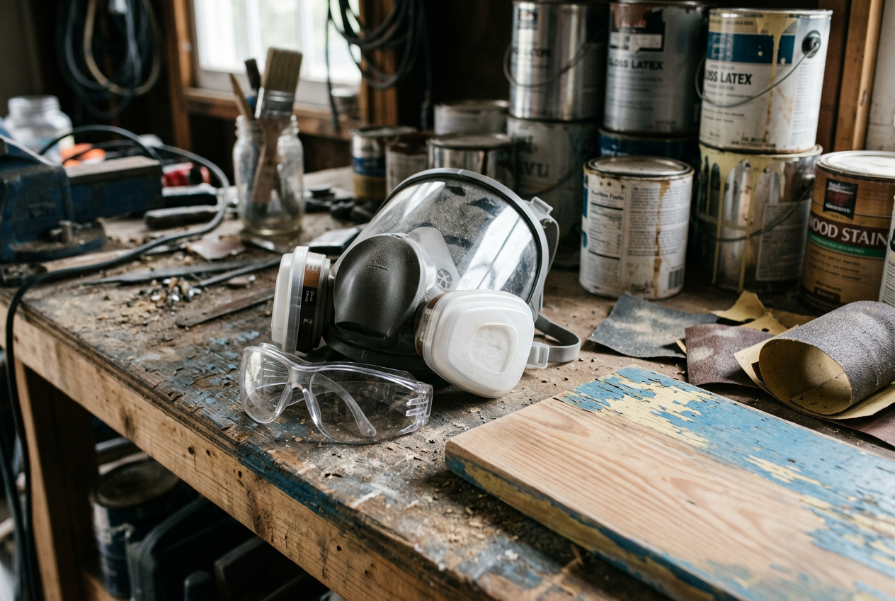 Full-face respirator with cartridges on dusty garage bench