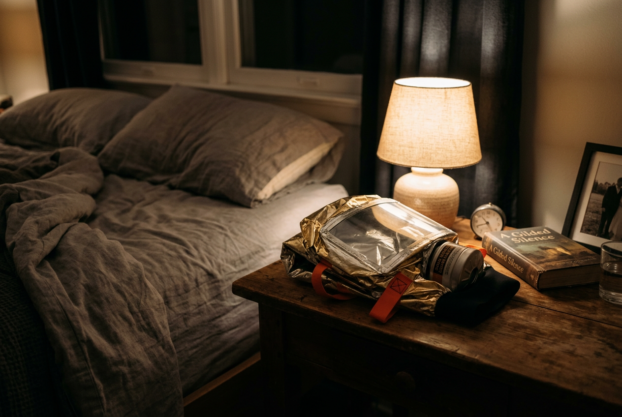 Reflective fire escape smoke hood on bedroom nightstand
