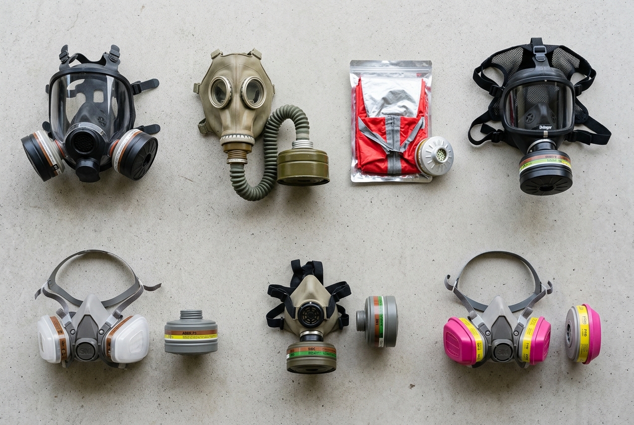 Overhead flat-lay of seven respirators arranged in grid