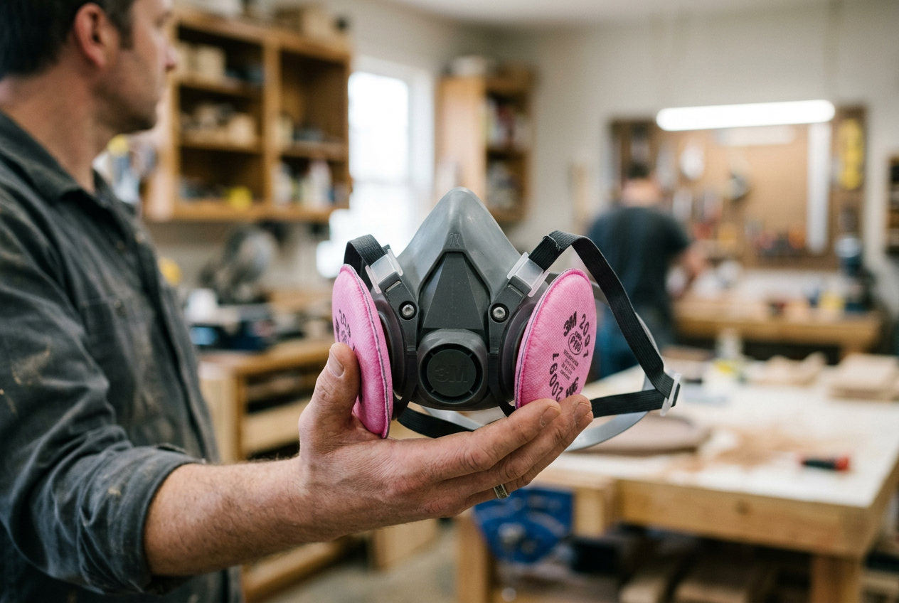Compact half-mask respirator held in open hand