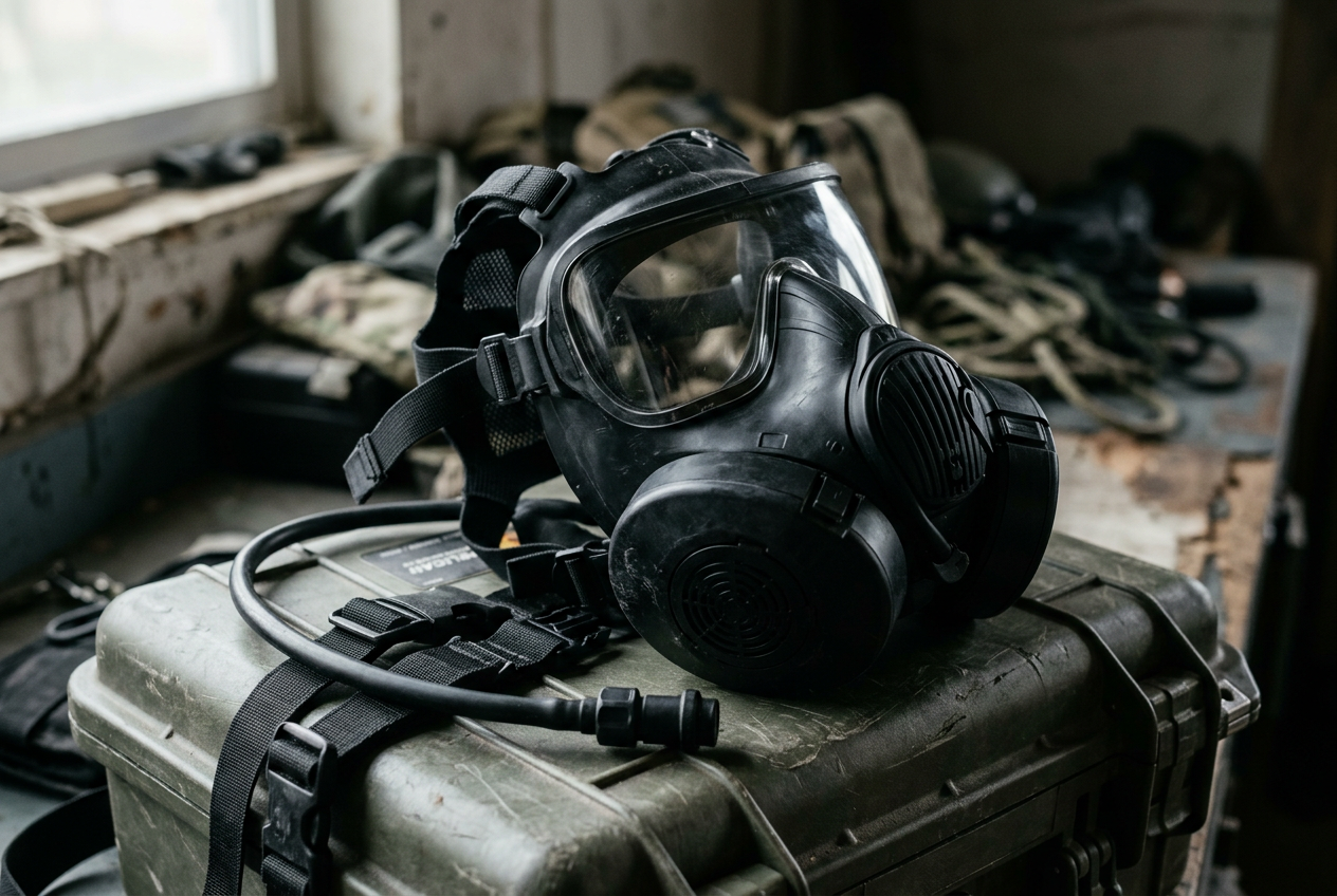 Black full-face CBRN mask with dual filters on case