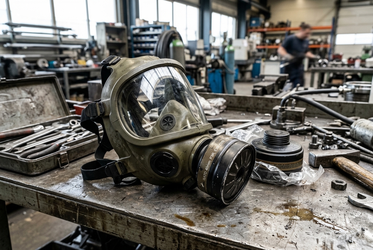Olive full-face 40mm respirator on industrial workbench