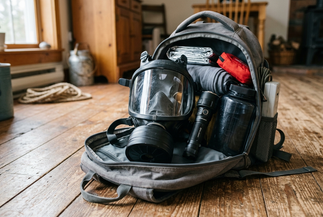 Budget full-face mask inside emergency survival backpack