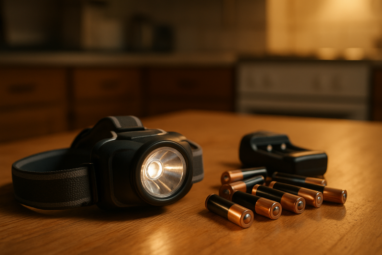 Headlamp on table surrounded by batteries and charger